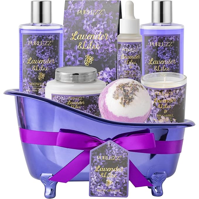 PURLEZZ Bath Spa Gift Set, Bath & Body Gift Basket 9-Piece Lavender & Lilac Scented Spa Basket Kits for Women, Contains Shower Gel, Bath Bomb, Body Lotion Birthday Gift for Women, Gifts for ladies - Image 1